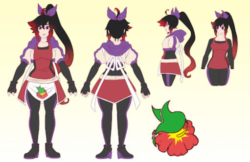 Front back and side for SuzumeCreates | Art by SuzumeCreates | Girl with long pony tail with red ends, a beige jacket with athletic purple stripes and hoodie with an apron